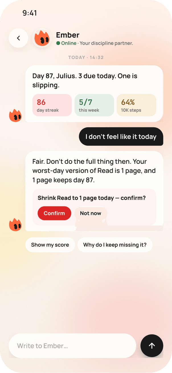 Ember, the AI coach — offering to shrink Read to one page so day 87 is kept