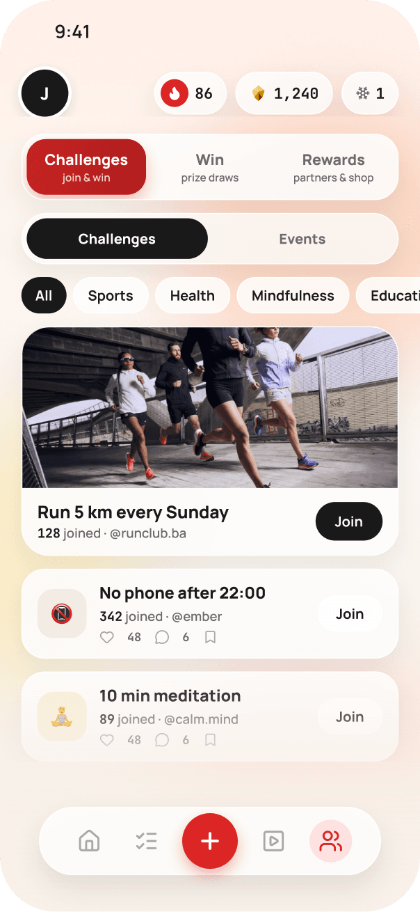 Explore — the challenges to join, and the Win tab with this week's draws